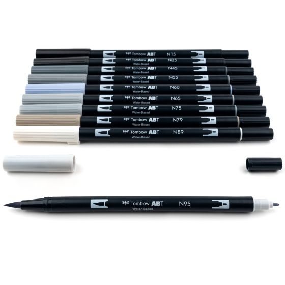 Water-based Dual Tip Brush Markers, 10 Grayscale Palette Colors for Artists and Crafters